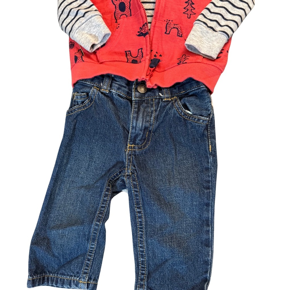 Carter's Coral Red Hooded Vest, Striped Long Sleeve Top and‎ Denim Jeans Sz 6mth - Picture 3 of 4